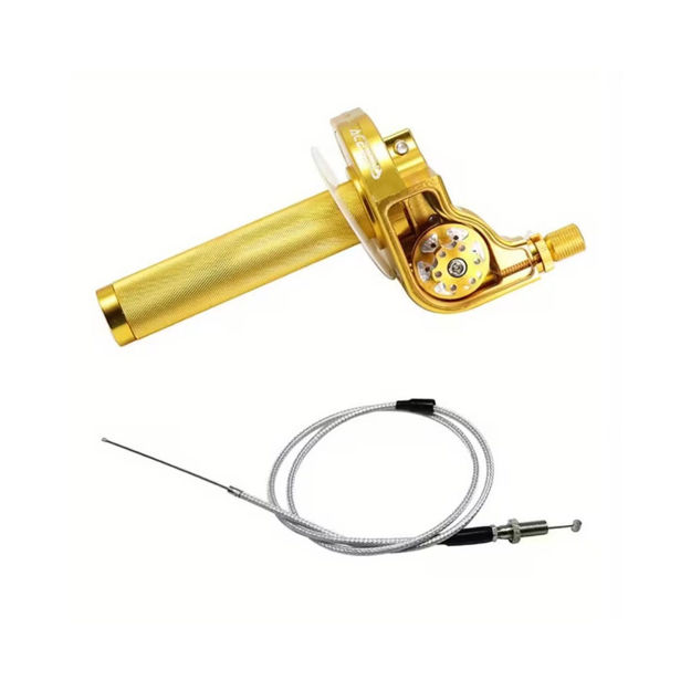 Imagen de Acelerador 1/4 Universal Rosca 10mm Tapa Transparente Dorado Yamaha DTk Dte Calimatic Rx100 Rx115 Rx125 Rx135 Suzuki Ts125 Ts185 Ax100 Dr200 Honda Tornado Xr250 Ktm